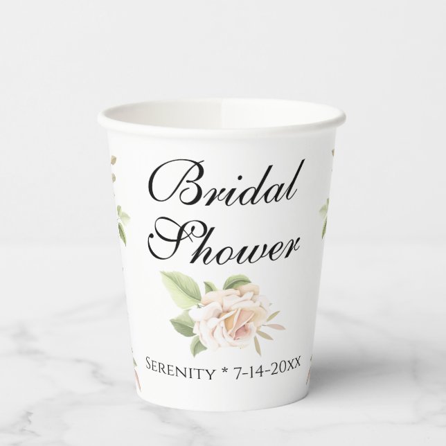 Elegant Floral Blush Pink Rose Bridal Shower Paper Cups (Left)