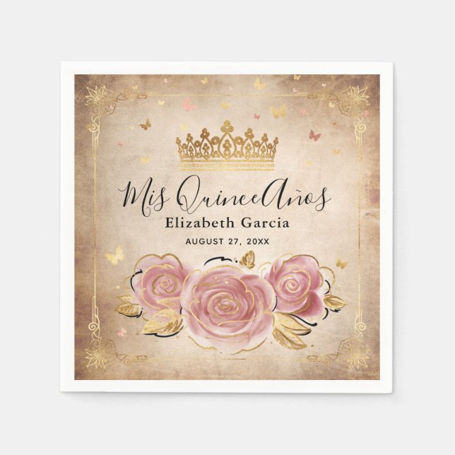 Elegant Floral Blush Pink Rose Gold Quinceanera Napkin (Front)