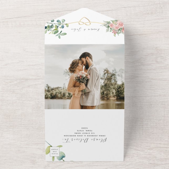 Elegant Floral Blush Pink Wedding All In One Invitation (Outside)