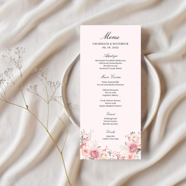 Elegant Floral Blush Pink Wedding Table Menu (Creator Uploaded)