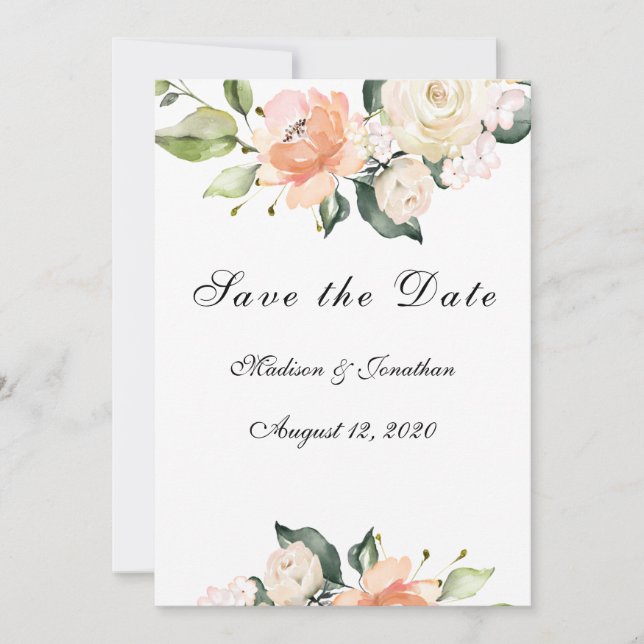 Elegant Floral Blush Script Save The Date (Front)