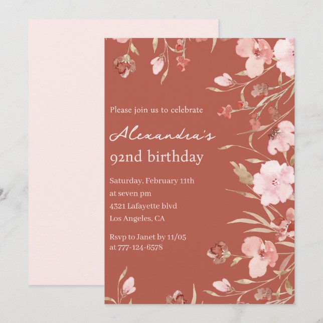 Elegant Floral Boho 92nd birthday invitations  (Front/Back)