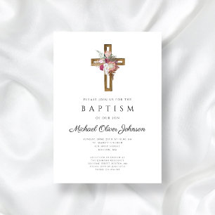 Elegant Floral Boho Cross Baptism  Invitation