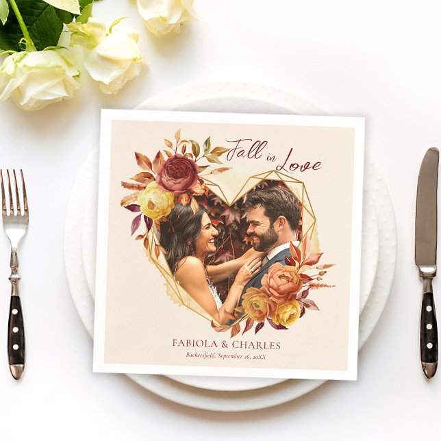 Elegant Floral Boho Fall in Love Photo Wedding Napkin (Creator Uploaded)