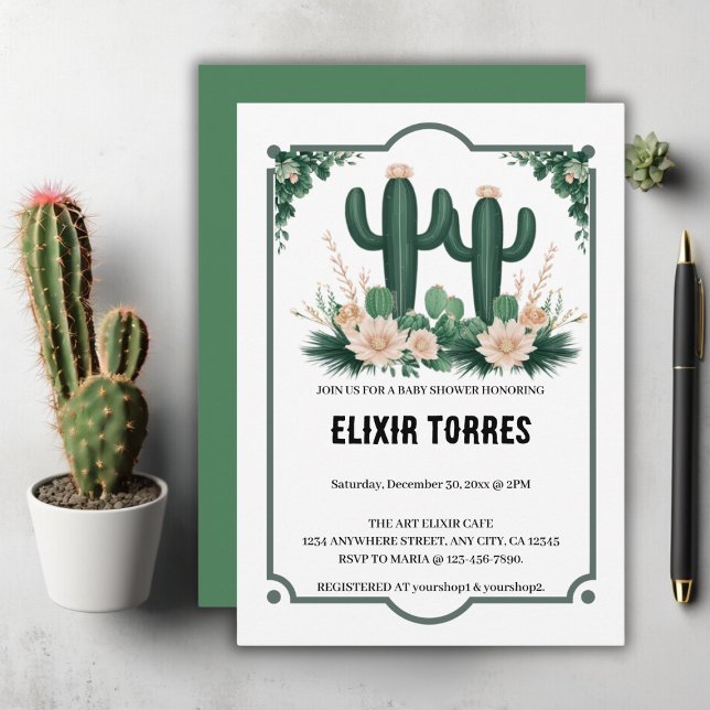 Elegant Floral Boho Modern Cactus Baby Shower Invitation (Creator Uploaded)