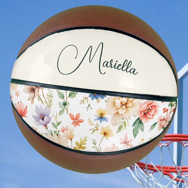 Elegant Floral Boho Watercolor Script Name Basketball (A fun, floral basketball with personalized name in elegant script typography)