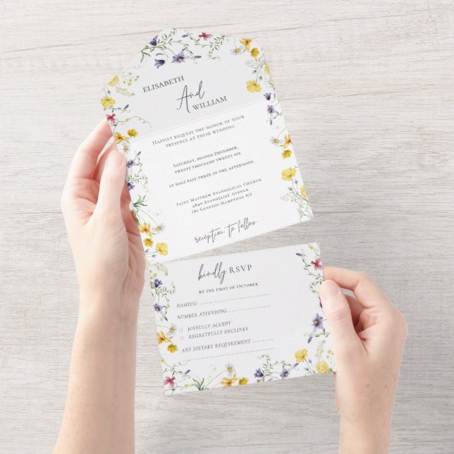 Elegant Floral Boho Wildflowers  Wedding RSVP All In One Invitation (Tearaway)