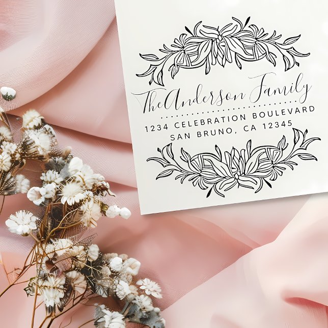 Elegant Floral Border Custom Family Name & Address Rubber Stamp (Creator Uploaded)