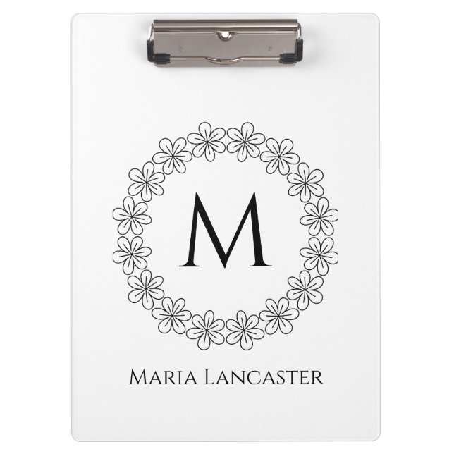 Elegant floral border custom monogram clipboard (Front)