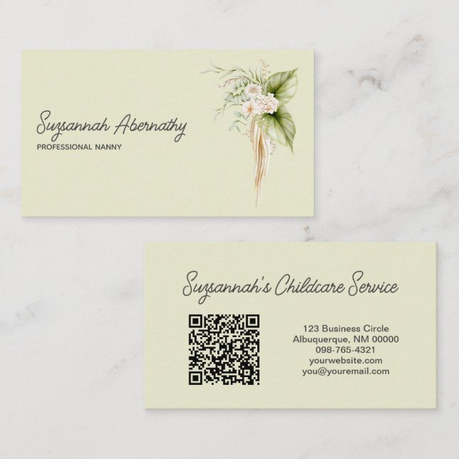 Elegant Floral Border Right Front QR Code Back Business Card (Front/Back)
