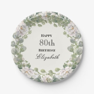 Elegant Floral Border Women's 80th Birthday Custom Paper Plate
