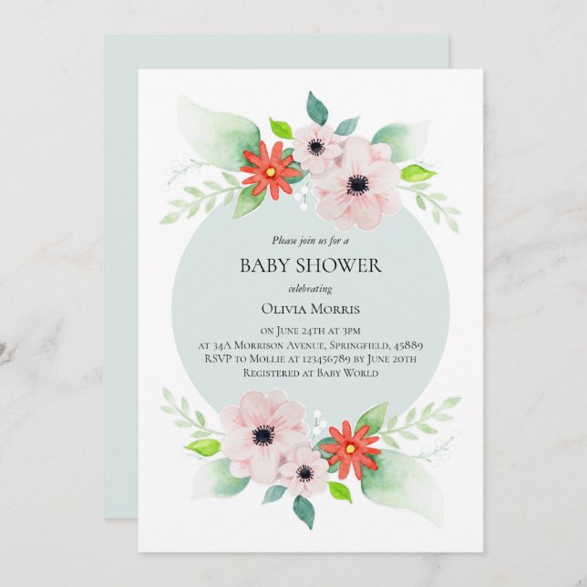 Elegant Floral Botanical Flowers Baby Shower Invitation (Front/Back)