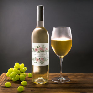 Elegant Floral Botanical Pink Roses Rustic Wedding Wine Label