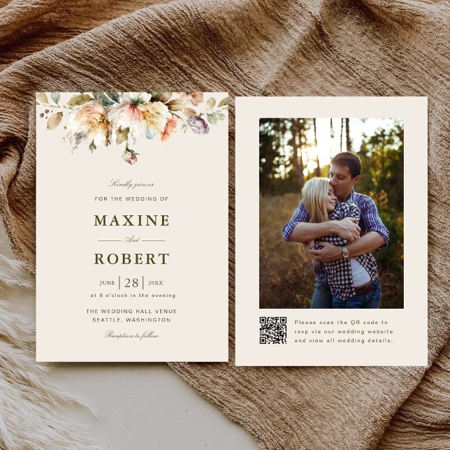 Elegant Floral Botanical QR Code Photo Wedding Invitation (Elegant floral botanical QR code photo wedding invitation with timeless romantic charm.)