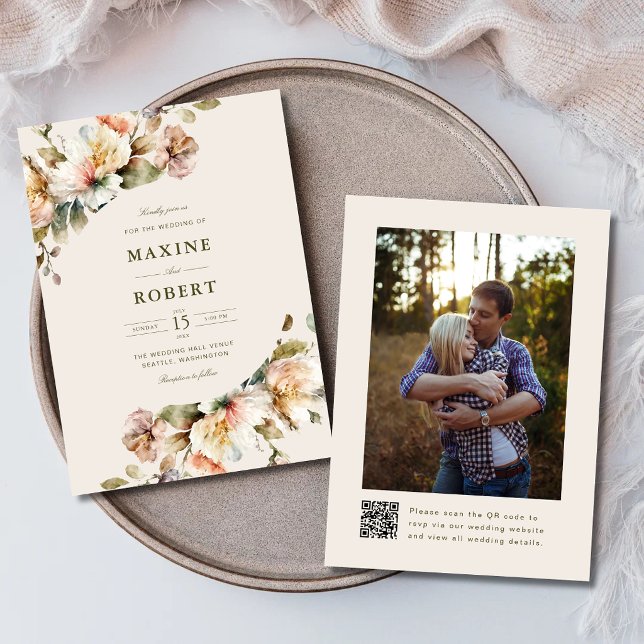 Elegant Floral Botanical QR Code Photo Wedding Invitation (Elegant floral botanical QR code photo wedding invitation with soft floral elegance.)