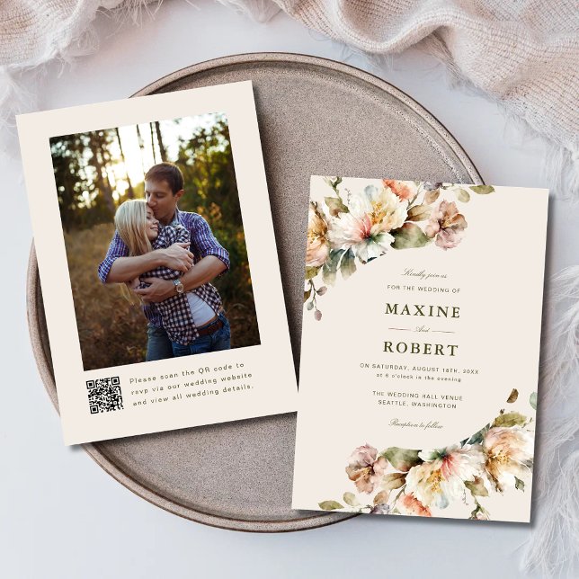 Elegant Floral Botanical QR Code Photo Wedding Invitation (Elegant floral botanical QR code photo wedding invitation with elegant botanical charm.)