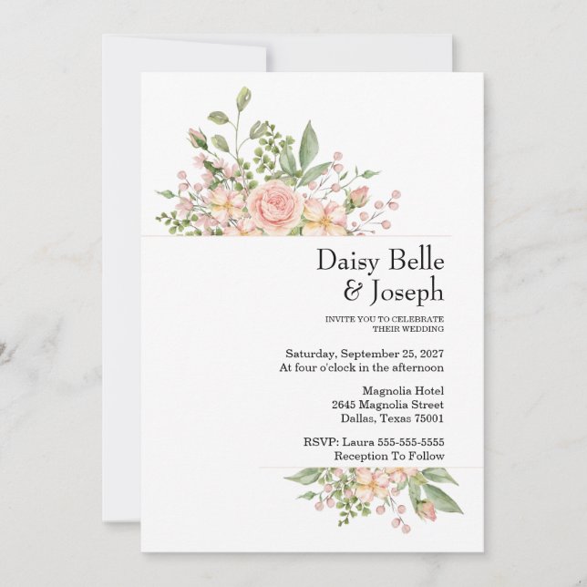 Elegant Floral Botanical Rose Pink Wedding Invitation (Front)