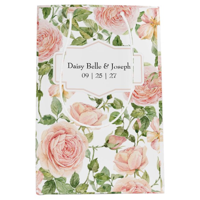 Elegant Floral Botanical Rose Pink Wedding Medium Gift Bag (Front)