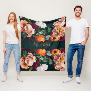 Elegant Floral Botanical Rustic Mr. & Mrs. Wedding Fleece Blanket