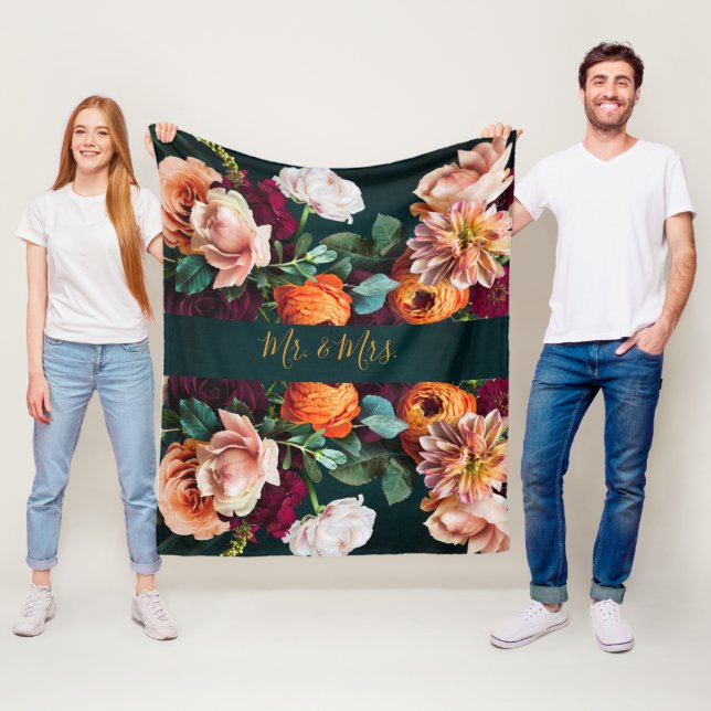 Elegant Floral Botanical Rustic Mr. & Mrs. Wedding Fleece Blanket (In Situ)