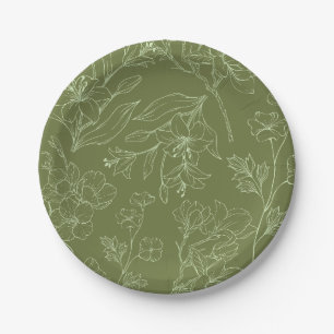 Elegant Floral Botanical Sage Green Paper Plate