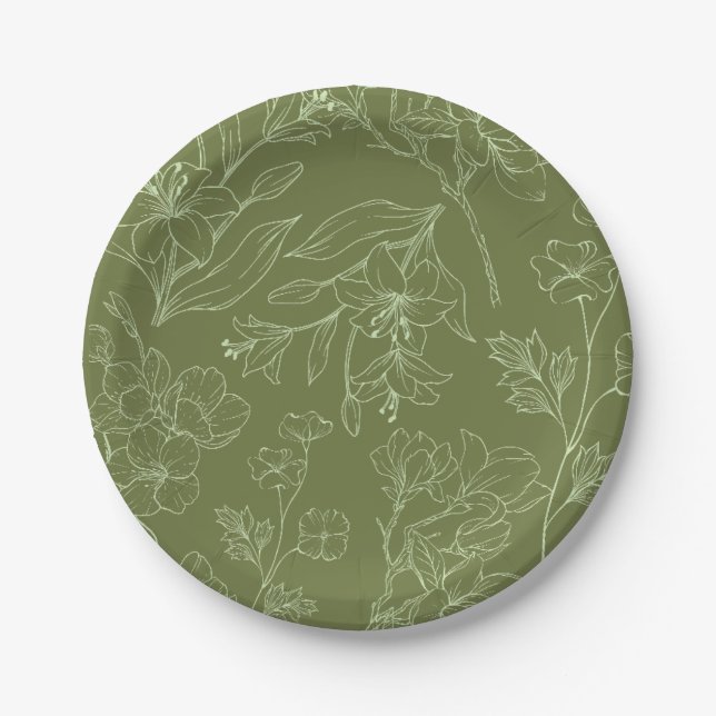 Elegant Floral Botanical Sage Green Paper Plate (Front)