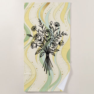 Elegant Floral Bouquet Line Art Beach Towel