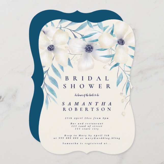 Elegant floral bouquet ocean blue bridal shower invitation (Front/Back)