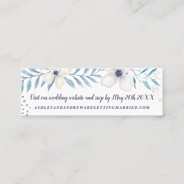 Elegant floral bouquet ocean blue wedding details mini business card (Front)