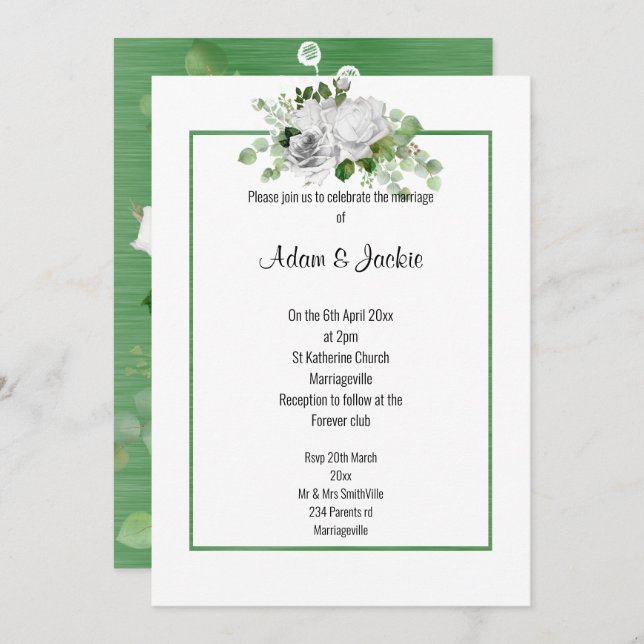 ELEGANT FLORAL BOUQUET SAGE TRIM WEDDING   INVITATION (Front/Back)
