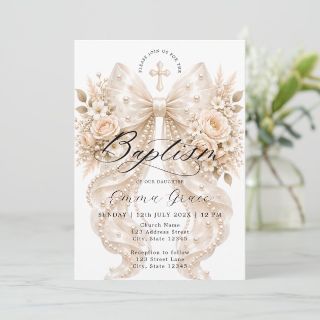Elegant Floral Bow and Pearl Baptism Invitation (Standing Front)
