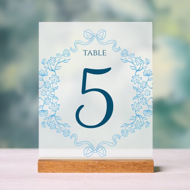 Elegant Floral & Bow Blue Wedding Table Number Acrylic Sign (Neutral)