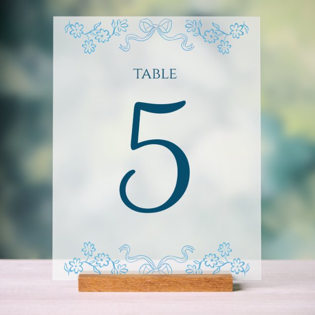 Elegant Floral Bow Chic Blue Wedding Table Number Acrylic Sign (Neutral)