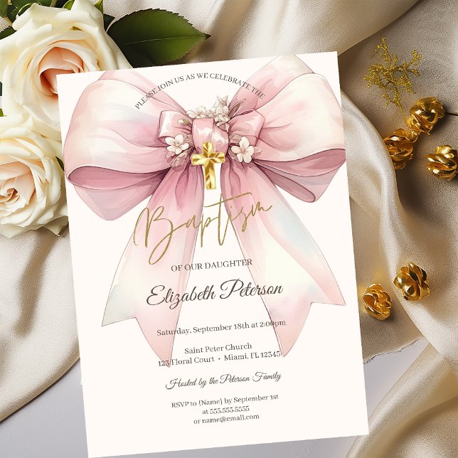 Elegant Floral Bow Gold Cross Baptism Invitation (Creator Uploaded)