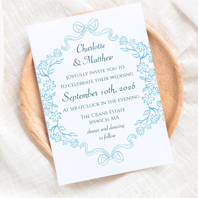 Elegant Floral & Bow Illustration Blue Wedding  Invitation (Elegant blue floral wedding invitations with classic charm. Customize your formal wedding invite.)