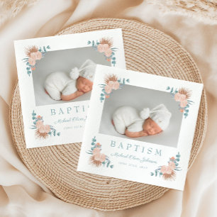 Elegant Floral Boy Baptism Photo Napkin