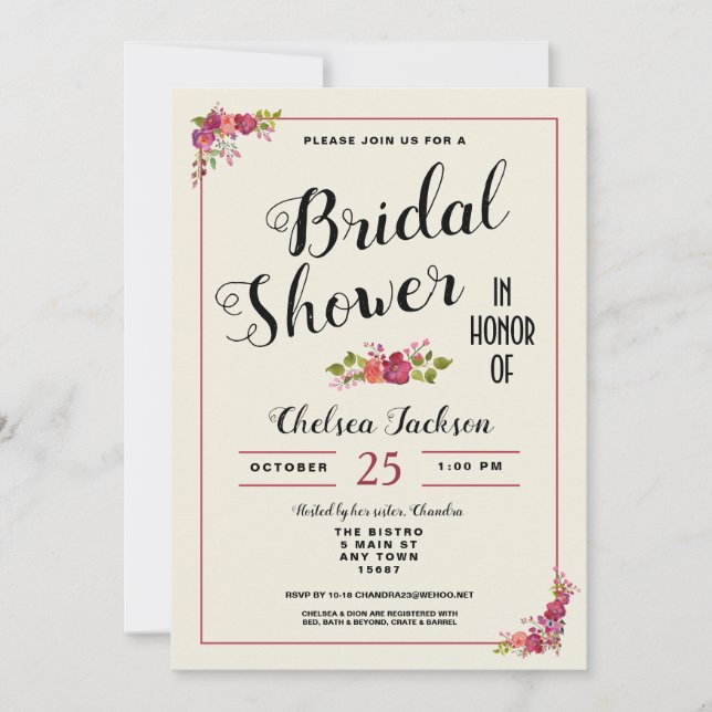 Elegant Floral Bridal Shower Cream Invitation (Front)