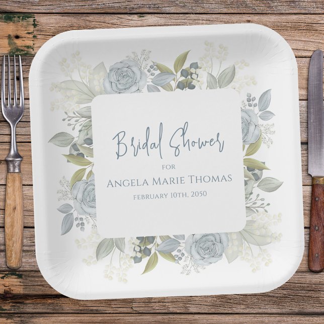 Elegant Floral Bridal Shower Dusty Blue Roses Paper Plate (Bridal Shower paper plate with elegant blue floral roses, greenery, foliage, and leaves)