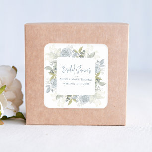 Elegant Floral Bridal Shower Dusty Blue Roses  Square Sticker