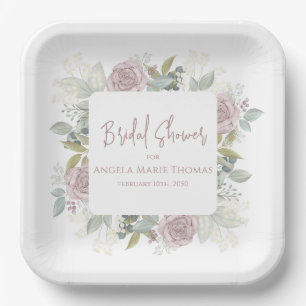Elegant Floral Bridal Shower Dusty Rose Custom Paper Plate