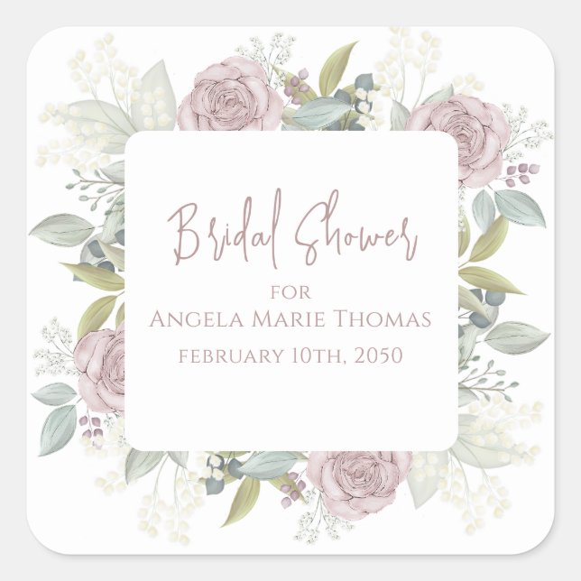 Elegant Floral Bridal Shower Dusty Rose Custom Square Sticker (Front)
