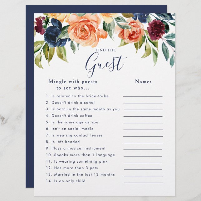 Elegant Floral Bridal Shower Find the Guest Game (Front/Back)
