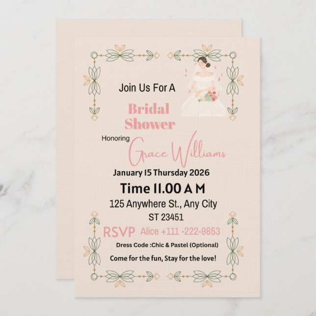 Elegant Floral Bridal Shower Invitation | Customiz (Front/Back)