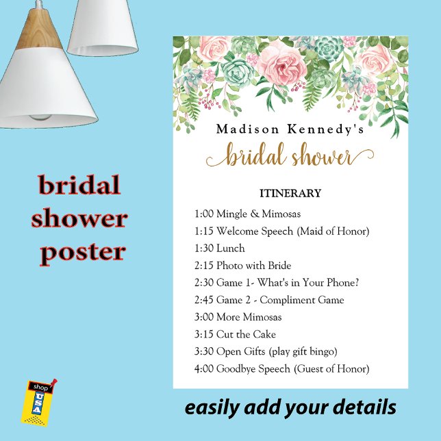 Elegant Floral 🌸 Bridal Shower Itinerary  Plan  Poster (Creator Uploaded)