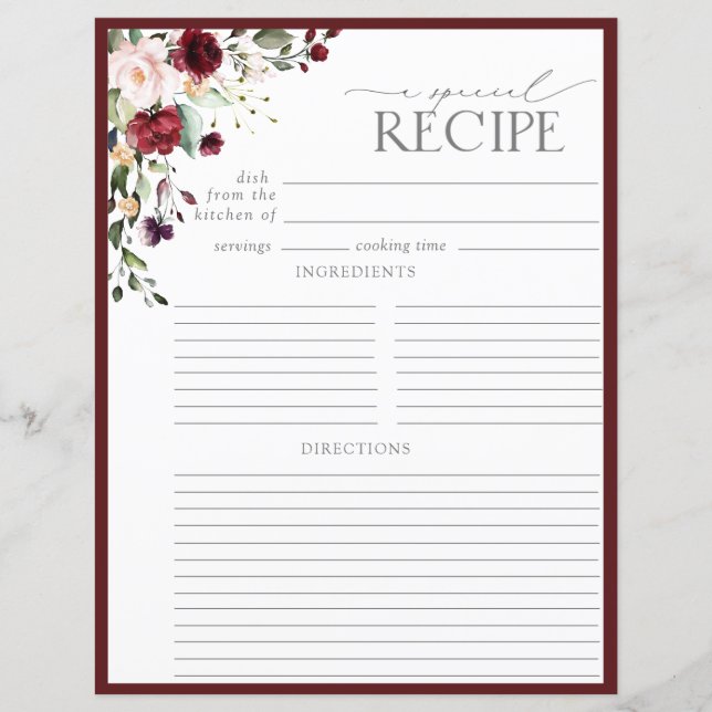Elegant Floral Bridal Shower Recipe Binder Page (Front)