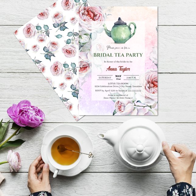Elegant Floral Bridal Tea Party Invitation (Elegant floral bridal tea party invitation front and back view.)