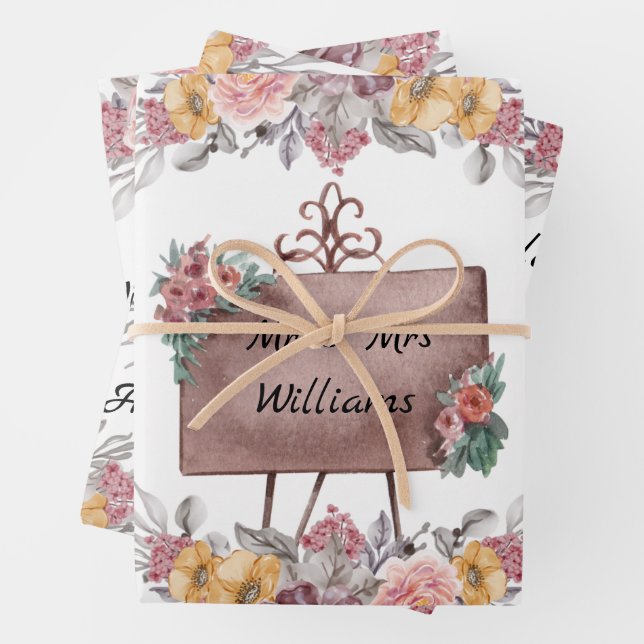 Elegant Floral Bride & Groom Wedding Wrapping Paper Sheet (In situ)