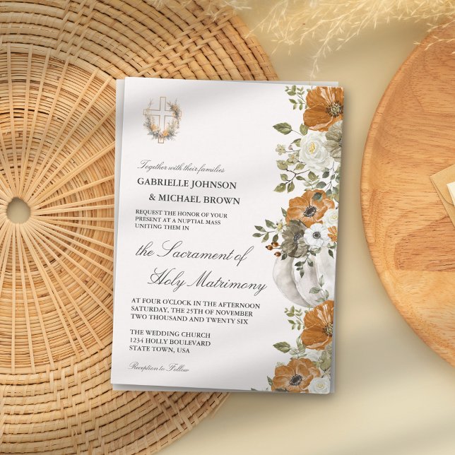 Elegant Floral Bright Orange Nuptial Mass Wedding Invitation (Creator Uploaded)