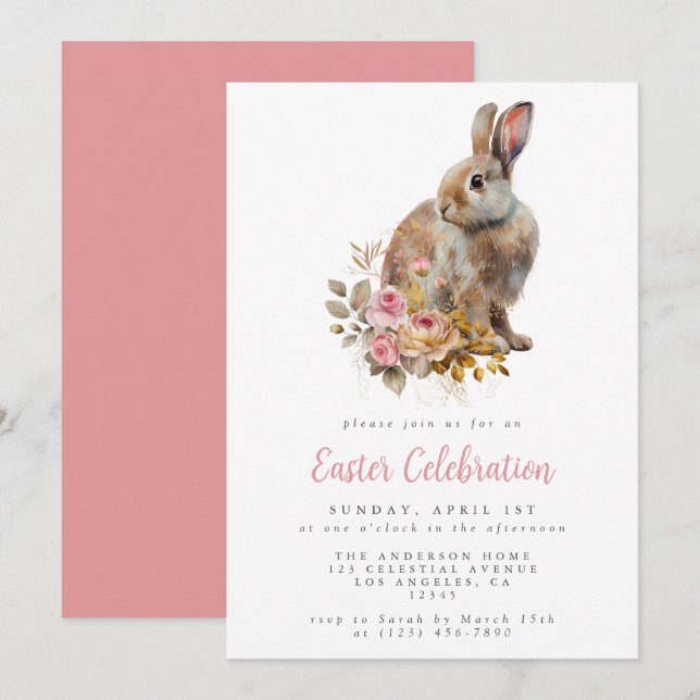 Elegant Floral Bunny Easter Party Invitation (Front/Back)