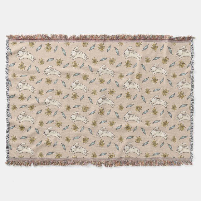 Elegant Floral Bunny Pattern Easter Throw Blanket (Front)